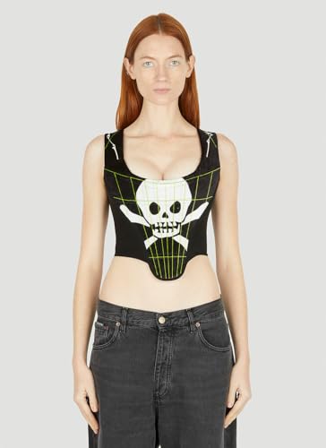 IDLEBONE Classic Portrait Corset Top, Vivienne Skull & Bones Corset Black, Black Velvet Corset Top, Graphic Print Corset