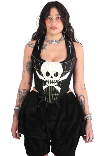 IDLEBONE Classic Portrait Corset Top, Vivienne Skull & Bones Corset Black, Black Velvet Corset Top, Graphic Print Corset