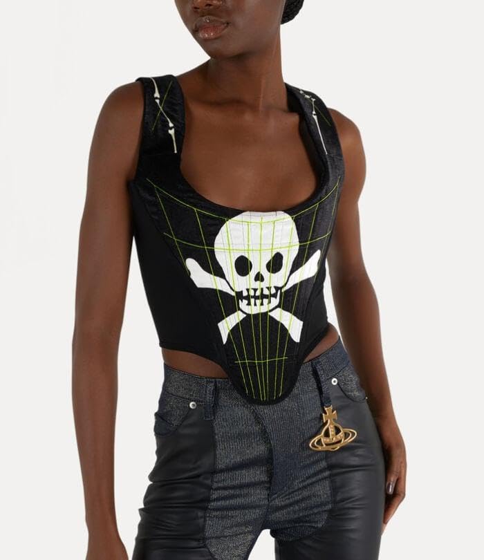 IDLEBONE Classic Portrait Corset Top, Vivienne Skull & Bones Corset Black, Black Velvet Corset Top, Graphic Print Corset