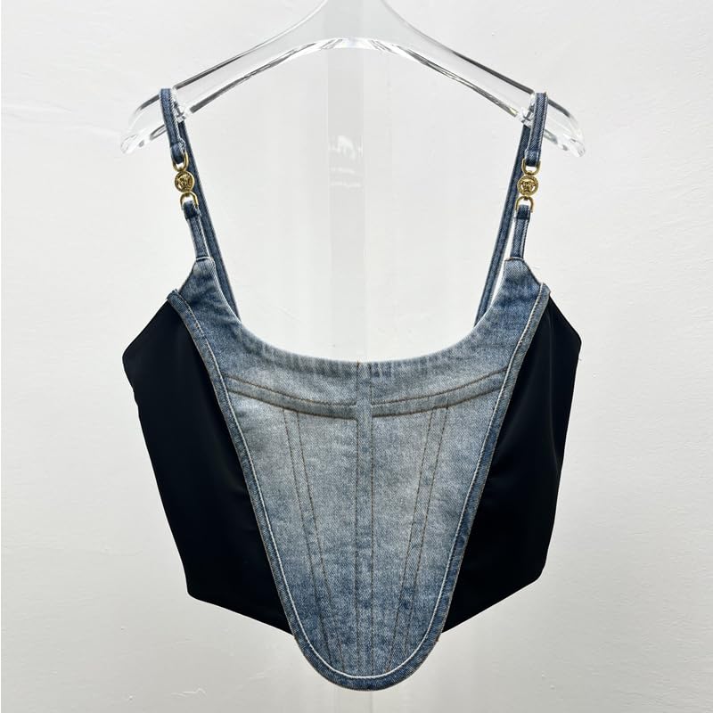 IDLEBONE Womens Denim Corset Top (Brand Zip-up Bustier) Navy Blue & Black