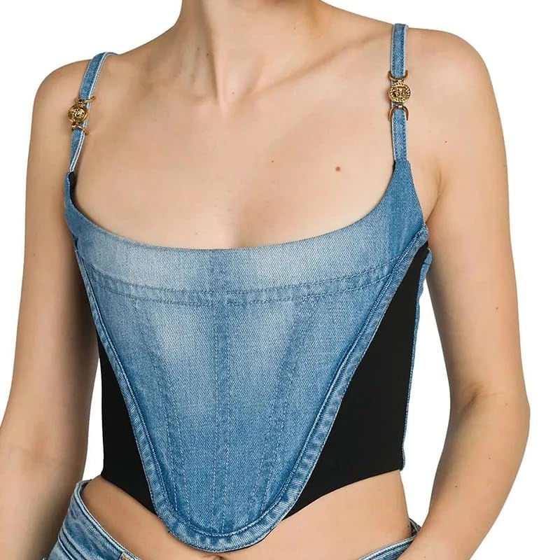 IDLEBONE Womens Denim Corset Top (Brand Zip-up Bustier) Navy Blue & Black