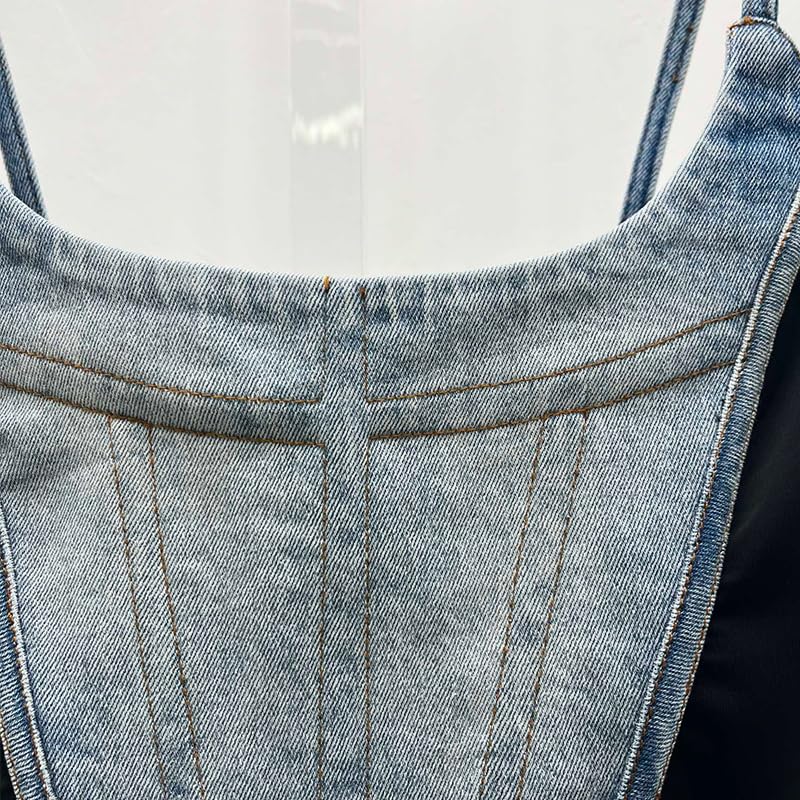 IDLEBONE Womens Denim Corset Top (Brand Zip-up Bustier) Navy Blue & Black