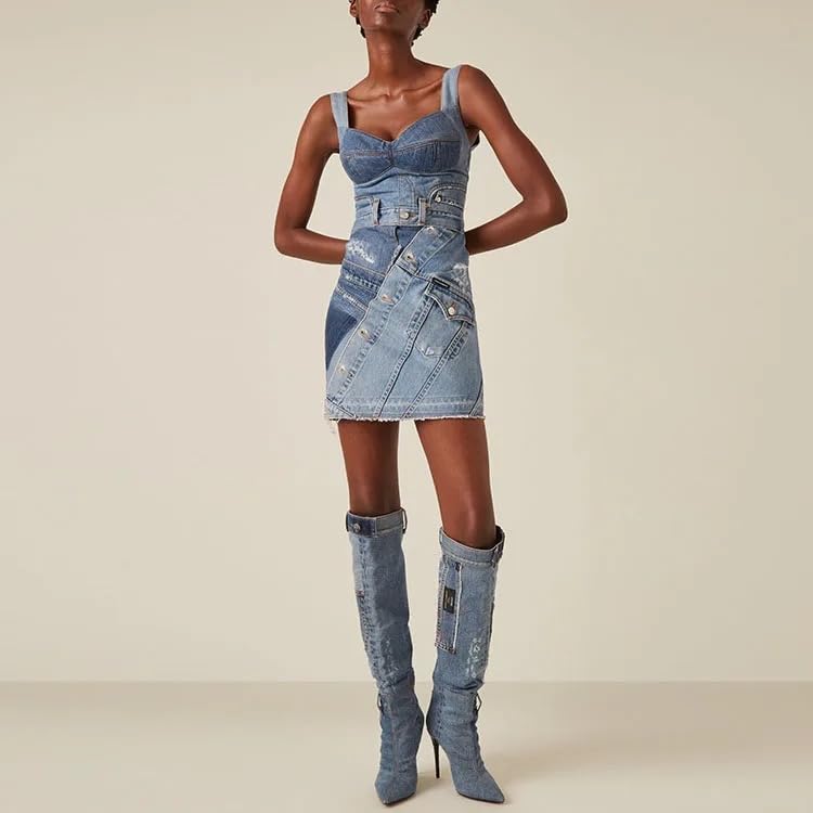 IdleBone Womens Denim Patchwork Corset Minidress