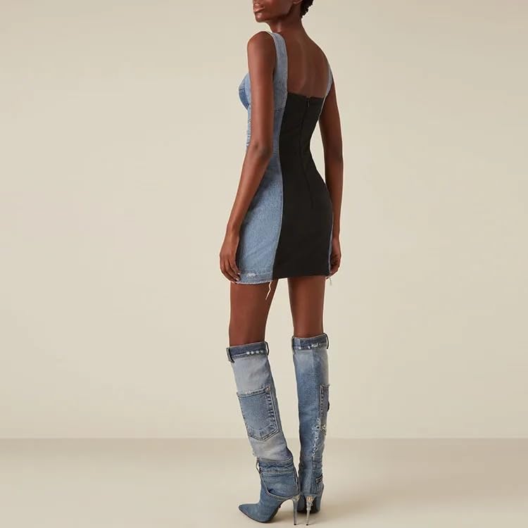 IdleBone Womens Denim Patchwork Corset Minidress