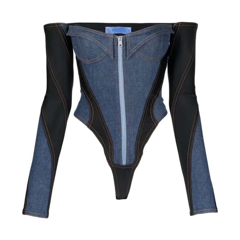 IdleBone Womens Black and Blue Corset Denim Bodysuit