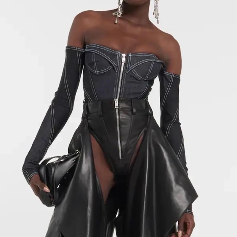 IdleBone Womens Black and Blue Corset Denim Bodysuit