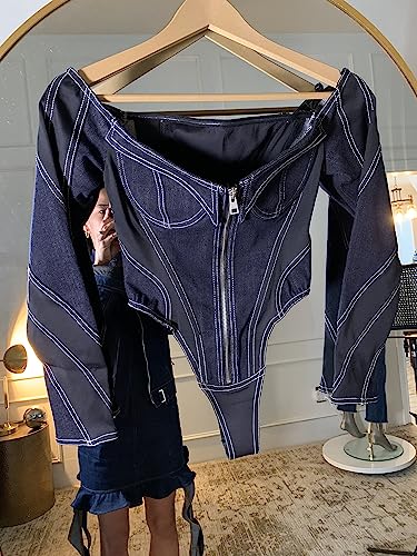 IdleBone Womens Black and Blue Corset Denim Bodysuit
