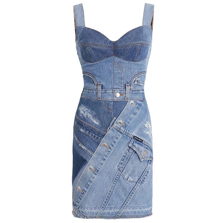 IdleBone Womens Denim Patchwork Corset Minidress