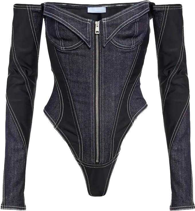 IdleBone Womens Black and Blue Corset Denim Bodysuit